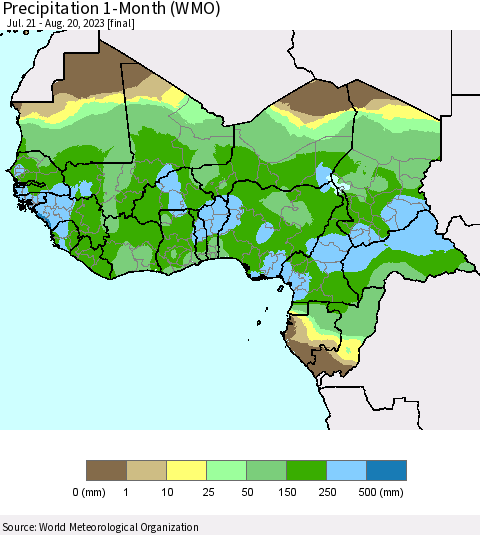 Western Africa Precipitation 1-Month (WMO) Thematic Map For 7/21/2023 - 8/20/2023