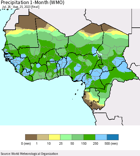 Western Africa Precipitation 1-Month (WMO) Thematic Map For 7/26/2023 - 8/25/2023