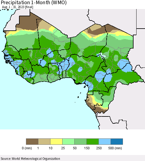 Western Africa Precipitation 1-Month (WMO) Thematic Map For 8/1/2023 - 8/31/2023