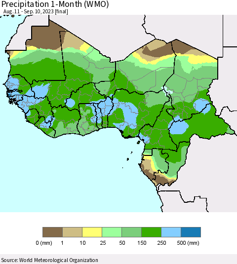 Western Africa Precipitation 1-Month (WMO) Thematic Map For 8/11/2023 - 9/10/2023