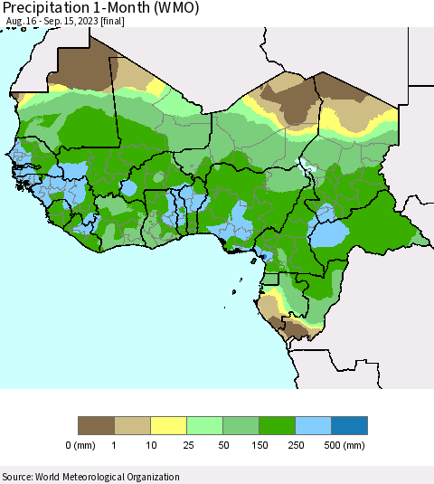 Western Africa Precipitation 1-Month (WMO) Thematic Map For 8/16/2023 - 9/15/2023