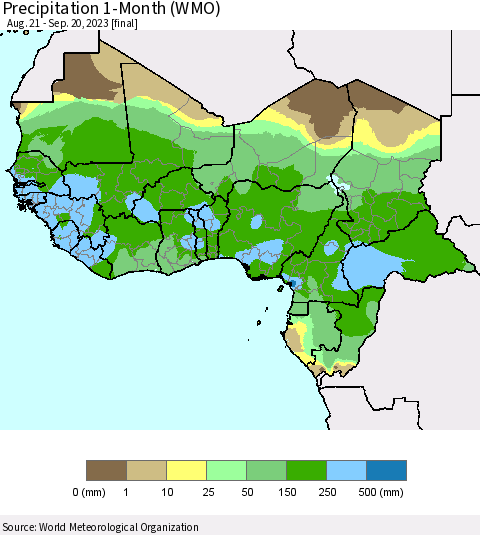 Western Africa Precipitation 1-Month (WMO) Thematic Map For 8/21/2023 - 9/20/2023