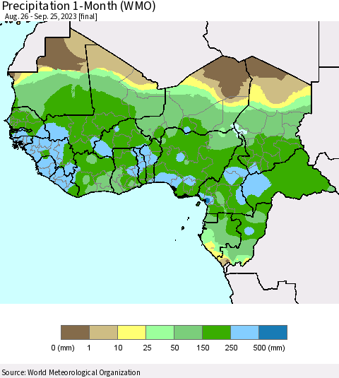 Western Africa Precipitation 1-Month (WMO) Thematic Map For 8/26/2023 - 9/25/2023