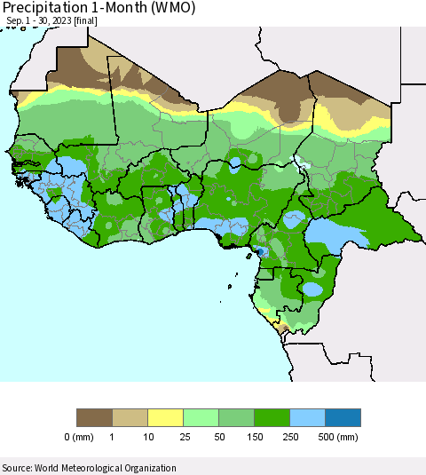 Western Africa Precipitation 1-Month (WMO) Thematic Map For 9/1/2023 - 9/30/2023
