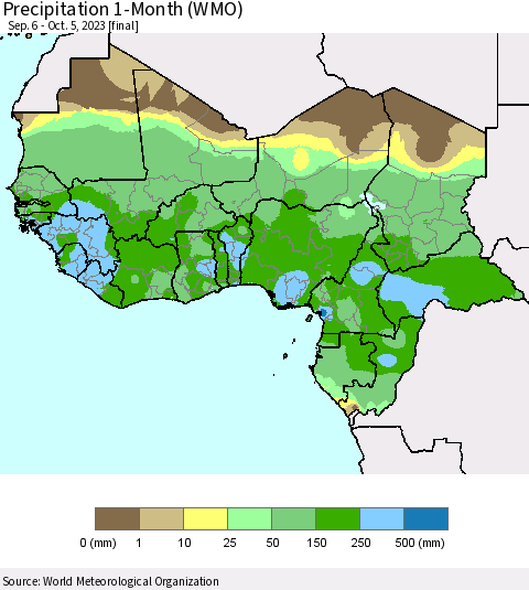 Western Africa Precipitation 1-Month (WMO) Thematic Map For 9/6/2023 - 10/5/2023