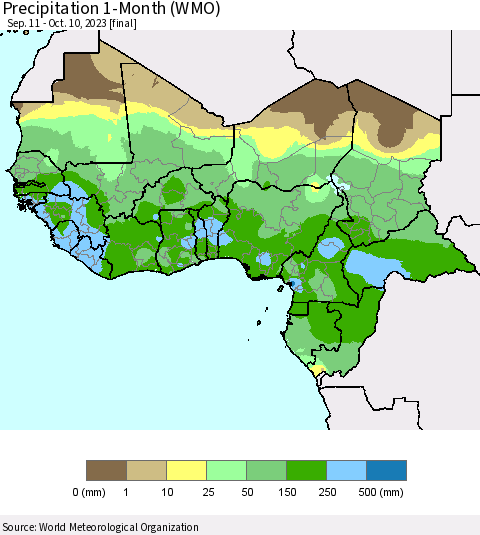 Western Africa Precipitation 1-Month (WMO) Thematic Map For 9/11/2023 - 10/10/2023