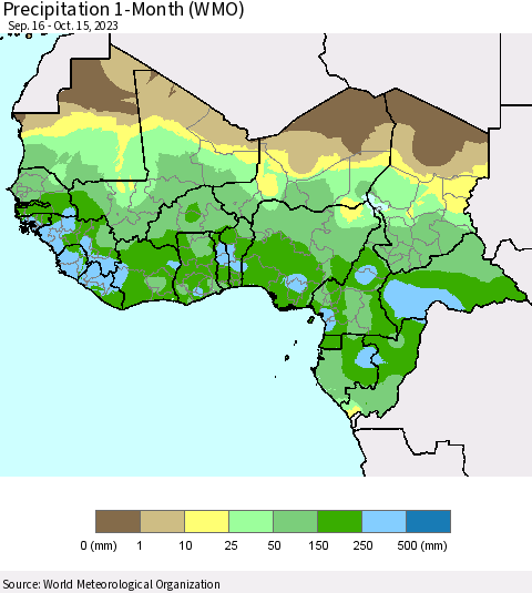 Western Africa Precipitation 1-Month (WMO) Thematic Map For 9/16/2023 - 10/15/2023