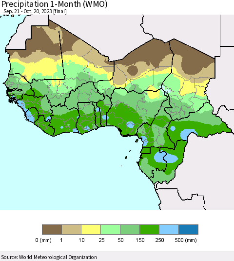 Western Africa Precipitation 1-Month (WMO) Thematic Map For 9/21/2023 - 10/20/2023