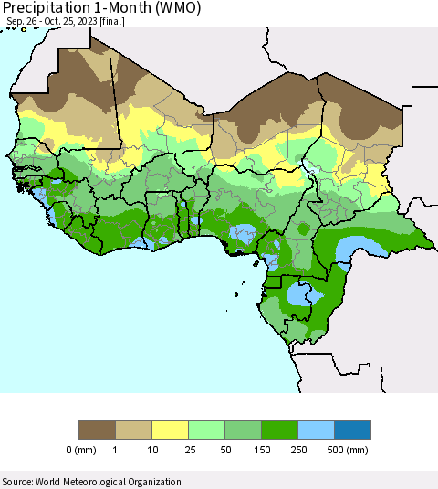 Western Africa Precipitation 1-Month (WMO) Thematic Map For 9/26/2023 - 10/25/2023