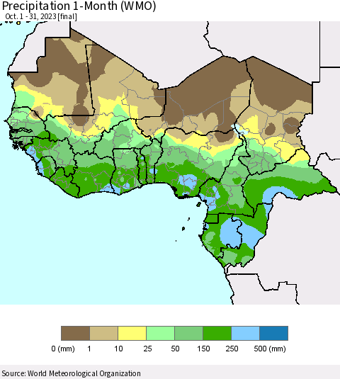 Western Africa Precipitation 1-Month (WMO) Thematic Map For 10/1/2023 - 10/31/2023