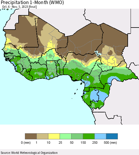Western Africa Precipitation 1-Month (WMO) Thematic Map For 10/6/2023 - 11/5/2023