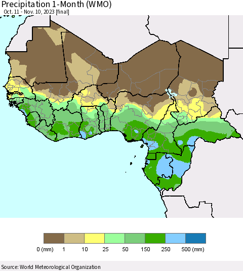 Western Africa Precipitation 1-Month (WMO) Thematic Map For 10/11/2023 - 11/10/2023