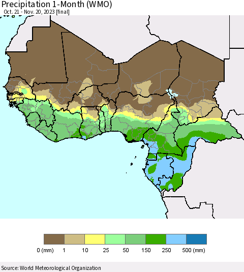 Western Africa Precipitation 1-Month (WMO) Thematic Map For 10/21/2023 - 11/20/2023