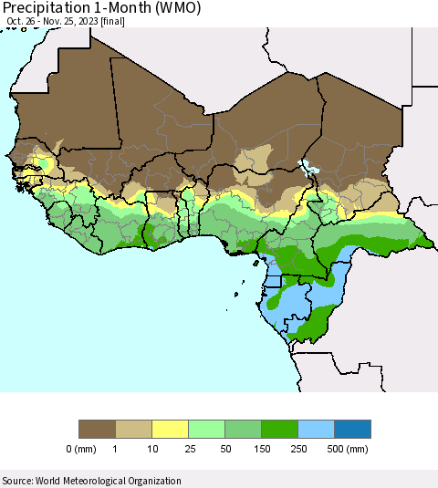 Western Africa Precipitation 1-Month (WMO) Thematic Map For 10/26/2023 - 11/25/2023
