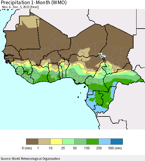 Western Africa Precipitation 1-Month (WMO) Thematic Map For 11/6/2023 - 12/5/2023
