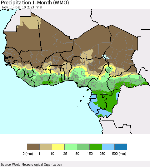 Western Africa Precipitation 1-Month (WMO) Thematic Map For 11/11/2023 - 12/10/2023