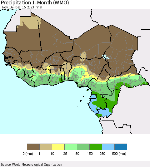 Western Africa Precipitation 1-Month (WMO) Thematic Map For 11/16/2023 - 12/15/2023