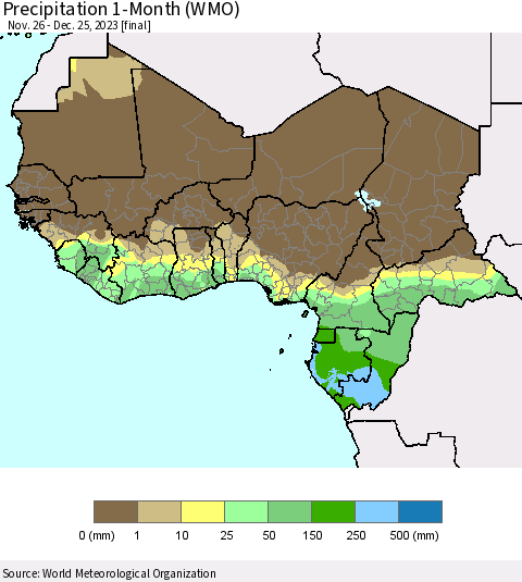 Western Africa Precipitation 1-Month (WMO) Thematic Map For 11/26/2023 - 12/25/2023