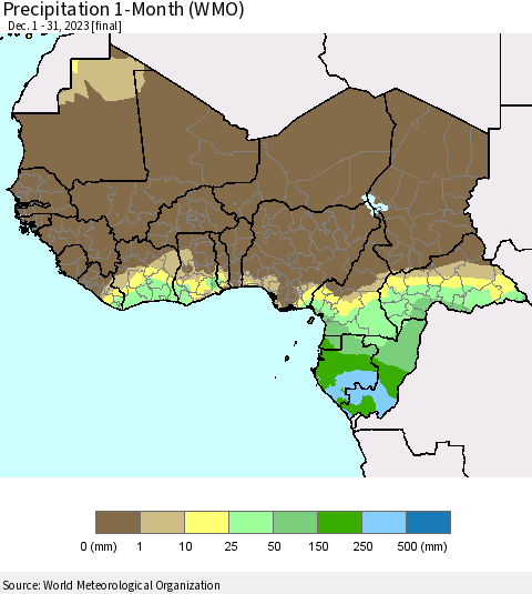 Western Africa Precipitation 1-Month (WMO) Thematic Map For 12/1/2023 - 12/31/2023