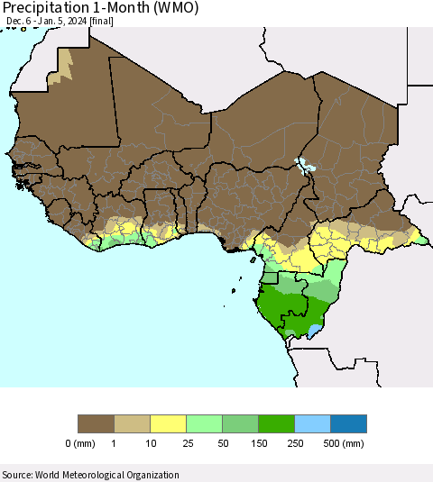 Western Africa Precipitation 1-Month (WMO) Thematic Map For 12/6/2023 - 1/5/2024