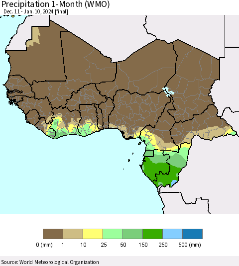 Western Africa Precipitation 1-Month (WMO) Thematic Map For 12/11/2023 - 1/10/2024