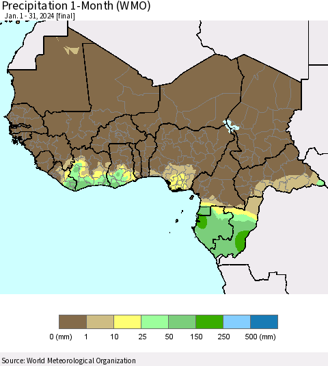 Western Africa Precipitation 1-Month (WMO) Thematic Map For 1/1/2024 - 1/31/2024