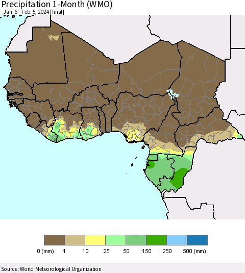 Western Africa Precipitation 1-Month (WMO) Thematic Map For 1/6/2024 - 2/5/2024