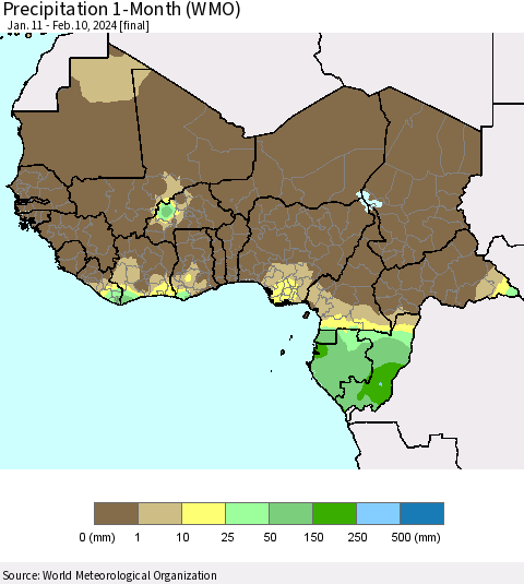 Western Africa Precipitation 1-Month (WMO) Thematic Map For 1/11/2024 - 2/10/2024