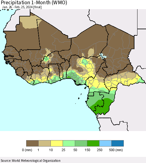 Western Africa Precipitation 1-Month (WMO) Thematic Map For 1/26/2024 - 2/25/2024