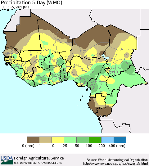 Western Africa Precipitation 5-Day (WMO) Thematic Map For 7/1/2021 - 7/5/2021