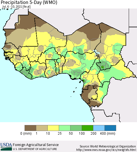 Western Africa Precipitation 5-Day (WMO) Thematic Map For 7/6/2021 - 7/10/2021