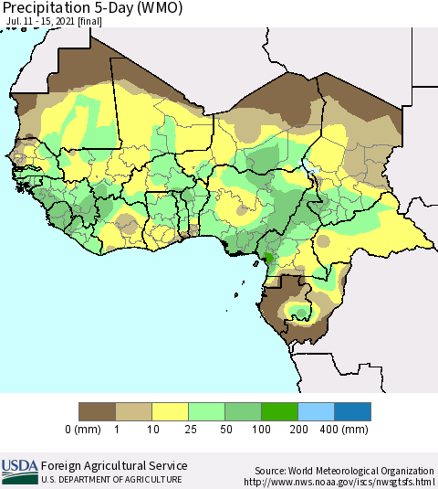 Western Africa Precipitation 5-Day (WMO) Thematic Map For 7/11/2021 - 7/15/2021