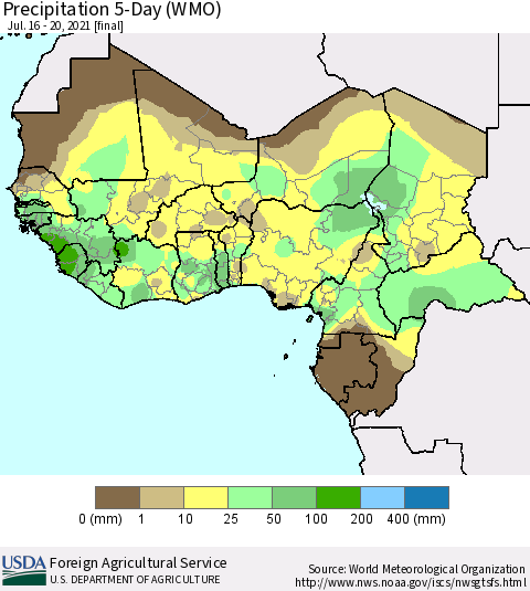 Western Africa Precipitation 5-Day (WMO) Thematic Map For 7/16/2021 - 7/20/2021