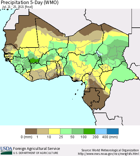 Western Africa Precipitation 5-Day (WMO) Thematic Map For 7/21/2021 - 7/25/2021