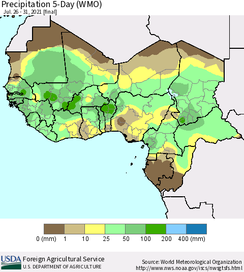 Western Africa Precipitation 5-Day (WMO) Thematic Map For 7/26/2021 - 7/31/2021