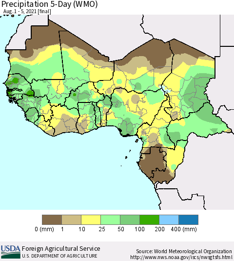 Western Africa Precipitation 5-Day (WMO) Thematic Map For 8/1/2021 - 8/5/2021