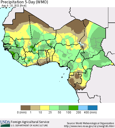 Western Africa Precipitation 5-Day (WMO) Thematic Map For 8/6/2021 - 8/10/2021