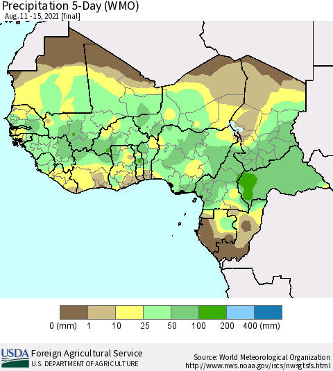 Western Africa Precipitation 5-Day (WMO) Thematic Map For 8/11/2021 - 8/15/2021