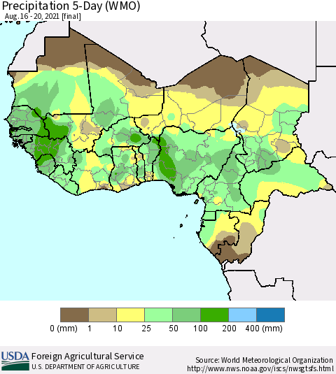 Western Africa Precipitation 5-Day (WMO) Thematic Map For 8/16/2021 - 8/20/2021