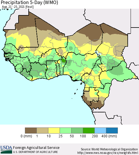 Western Africa Precipitation 5-Day (WMO) Thematic Map For 8/21/2021 - 8/25/2021
