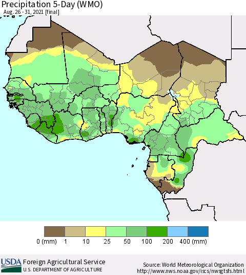 Western Africa Precipitation 5-Day (WMO) Thematic Map For 8/26/2021 - 8/31/2021