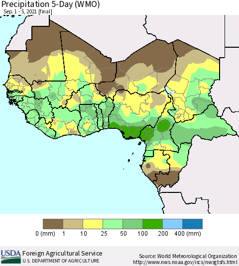 Western Africa Precipitation 5-Day (WMO) Thematic Map For 9/1/2021 - 9/5/2021