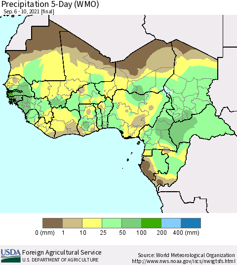 Western Africa Precipitation 5-Day (WMO) Thematic Map For 9/6/2021 - 9/10/2021