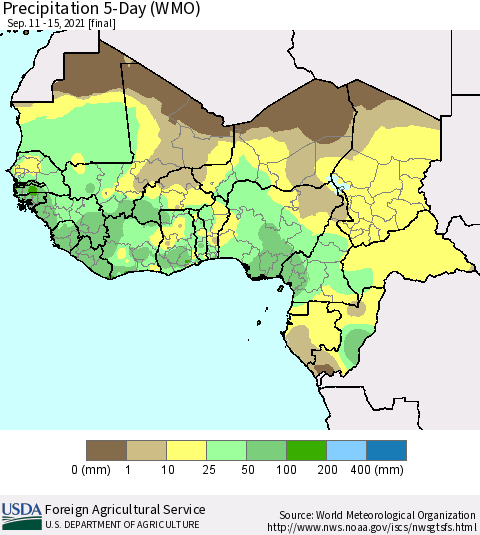 Western Africa Precipitation 5-Day (WMO) Thematic Map For 9/11/2021 - 9/15/2021