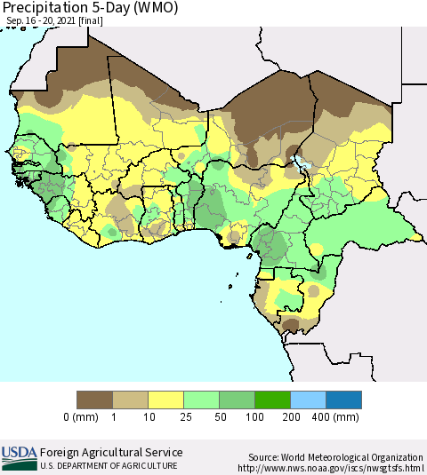 Western Africa Precipitation 5-Day (WMO) Thematic Map For 9/16/2021 - 9/20/2021