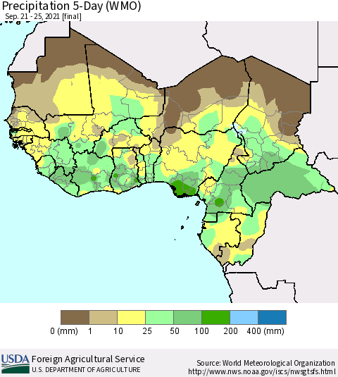 Western Africa Precipitation 5-Day (WMO) Thematic Map For 9/21/2021 - 9/25/2021