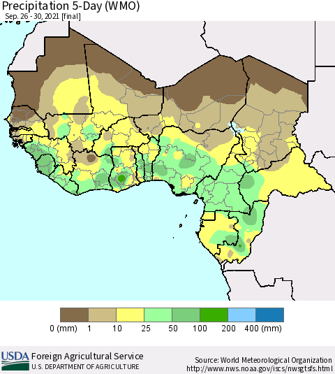 Western Africa Precipitation 5-Day (WMO) Thematic Map For 9/26/2021 - 9/30/2021