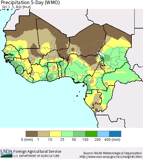 Western Africa Precipitation 5-Day (WMO) Thematic Map For 10/1/2021 - 10/5/2021