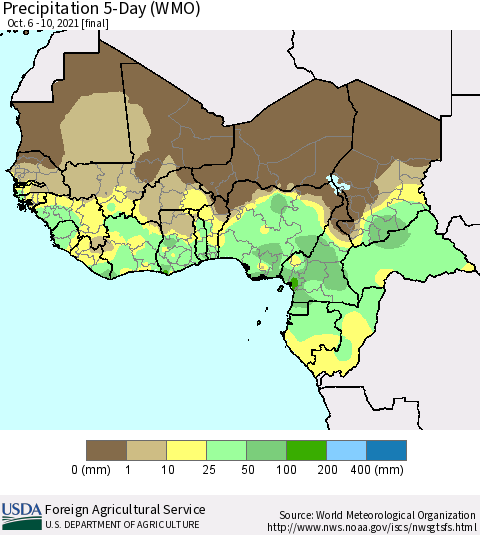 Western Africa Precipitation 5-Day (WMO) Thematic Map For 10/6/2021 - 10/10/2021