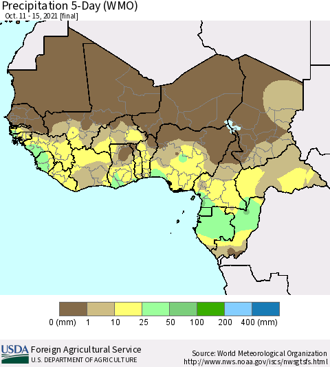 Western Africa Precipitation 5-Day (WMO) Thematic Map For 10/11/2021 - 10/15/2021